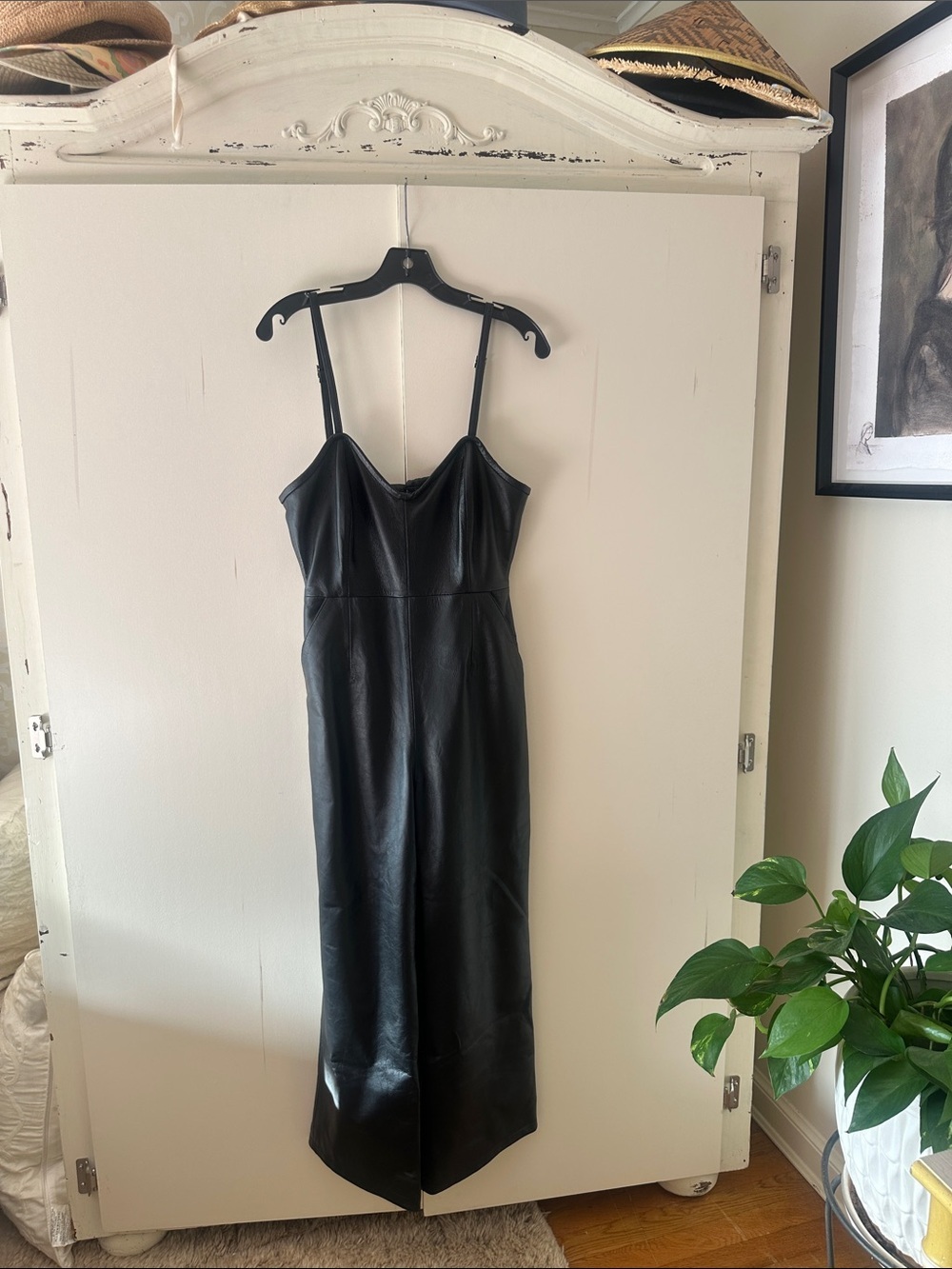 Black-Leather Spaghetti-Strap Jumpsuit